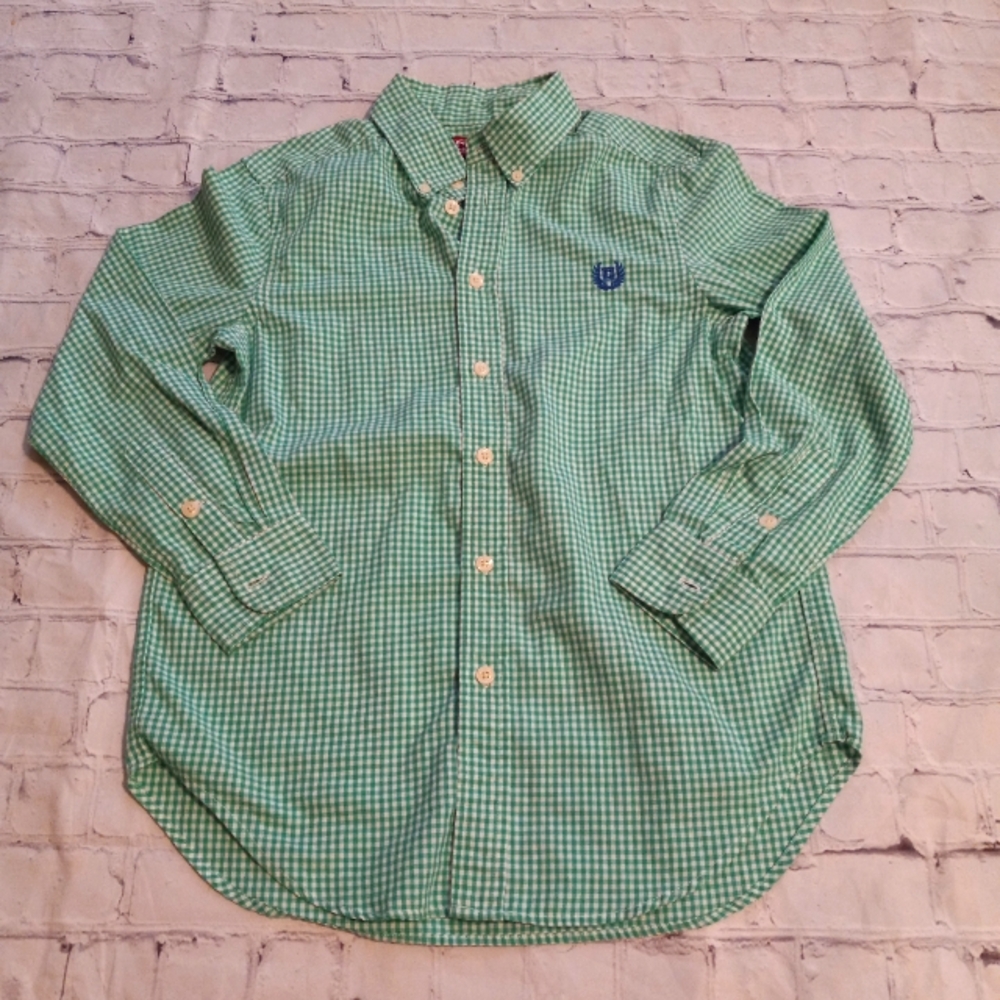 EUC Boys M (10-12) CHAPS Long Sleeve Green/White Gingham Button Up Shirt